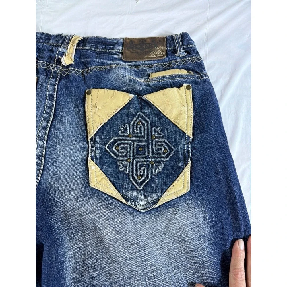 Akademiks Mens Denim Shorts‎ 38 Blue Embroidered Leather Trim Y2K Baggy Hip Hop